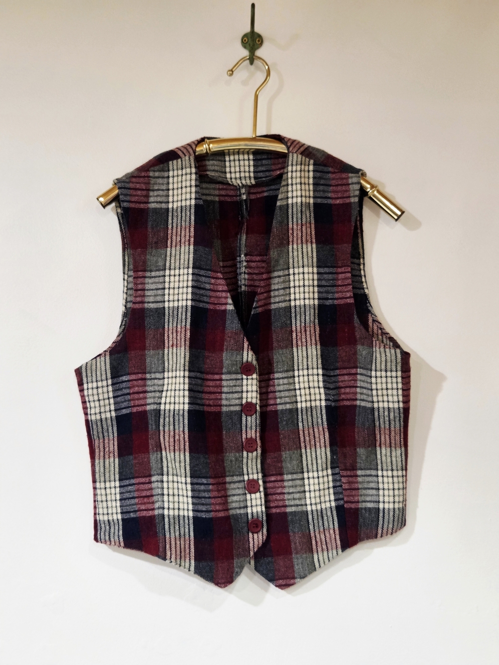 Handmade Vintage Burgundy Plaid Button Up Vest Goblincore Grunge